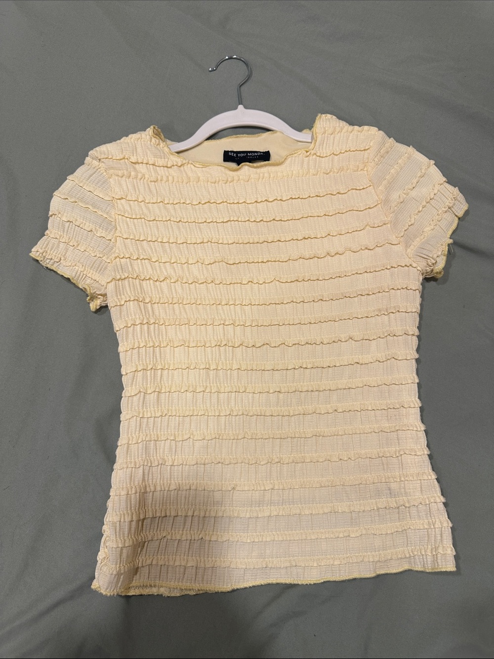 See You Monday Pale Yellow Ruffle Stripe Knit Tee